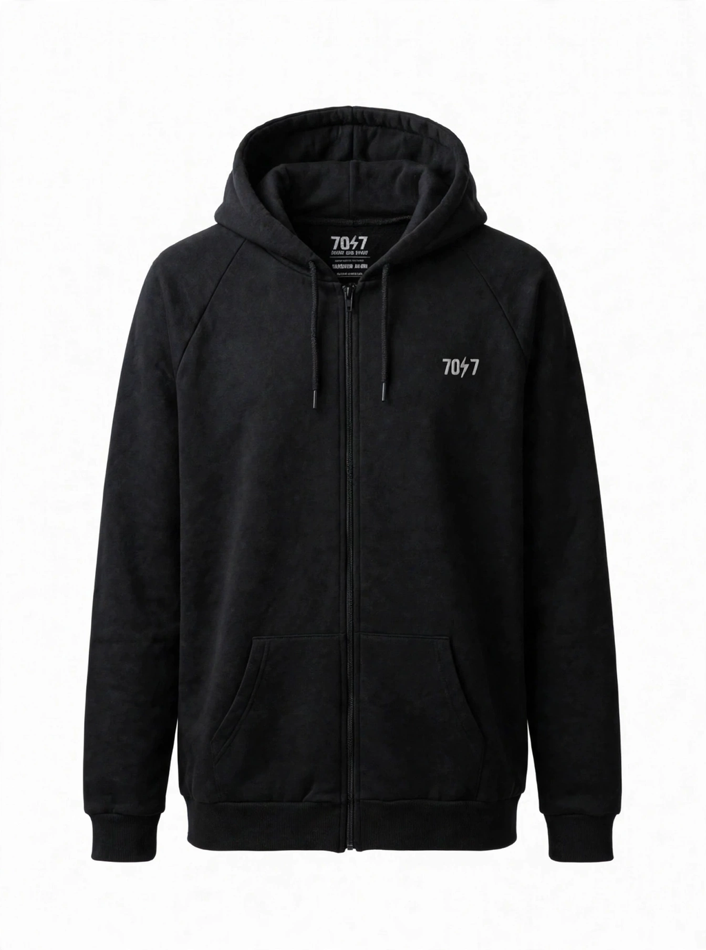 The Collective Black Hoodie — black front view, no hanger | 707 Official zip hoodie
