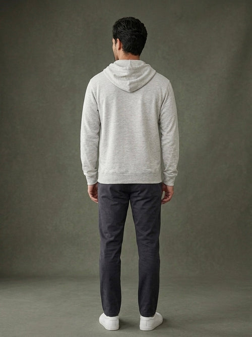 Stealth Zip Hoodie — light gray on model, back view | 707 70ϟ7 fleece zip hoodie