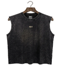 Black sleeveless shirt on a hanger against a white background