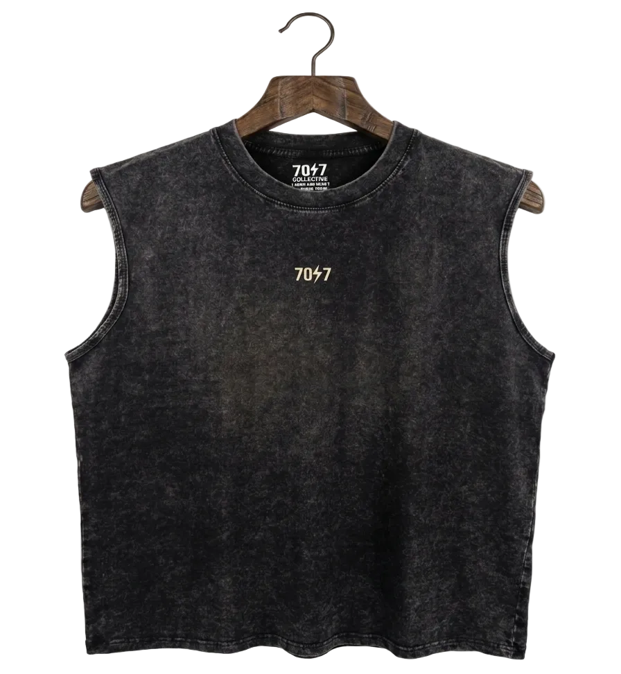 Black sleeveless shirt on a hanger against a white background