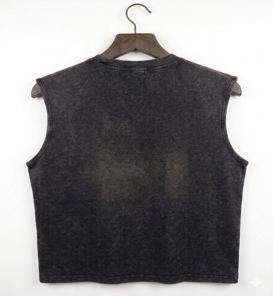 Black sleeveless vest on a wooden hanger against a white background