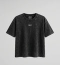 Black t-shirt with a logo on a gray background