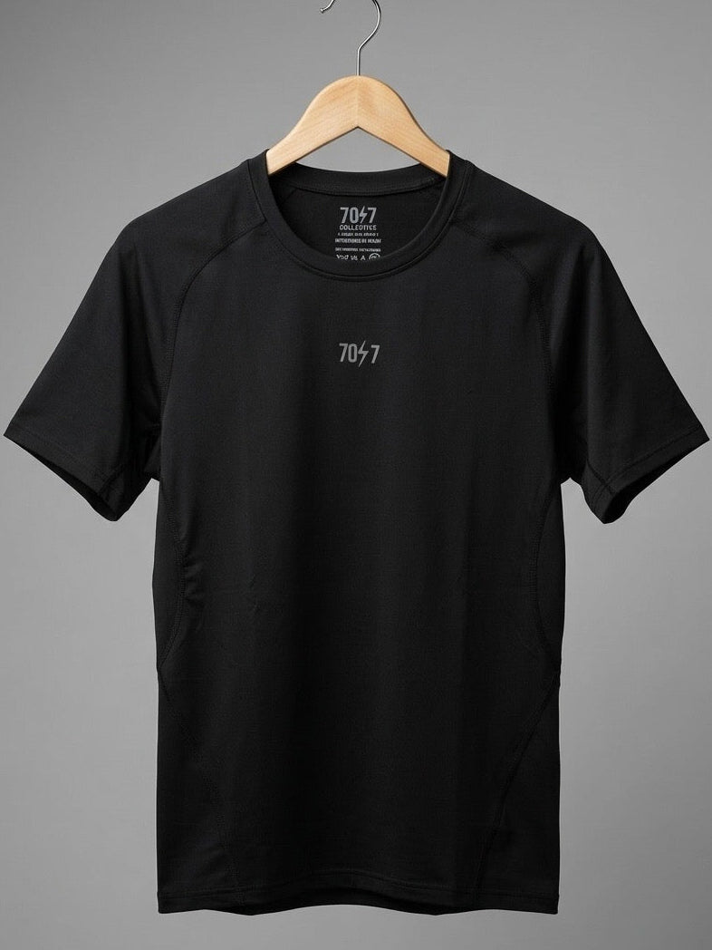 70ϟ7 Crew — black on hanger, front view | 707 70ϟ7 compression crew tee