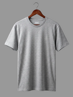 Gray t-shirt on a hanger against a light gray background