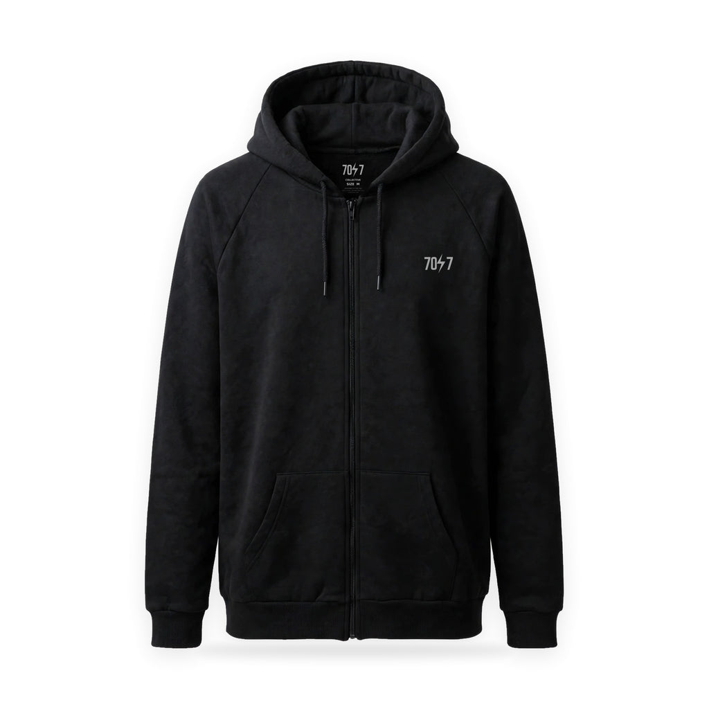 The Collective Black Hoodie — black front view, no hanger | 707 Official zip hoodie