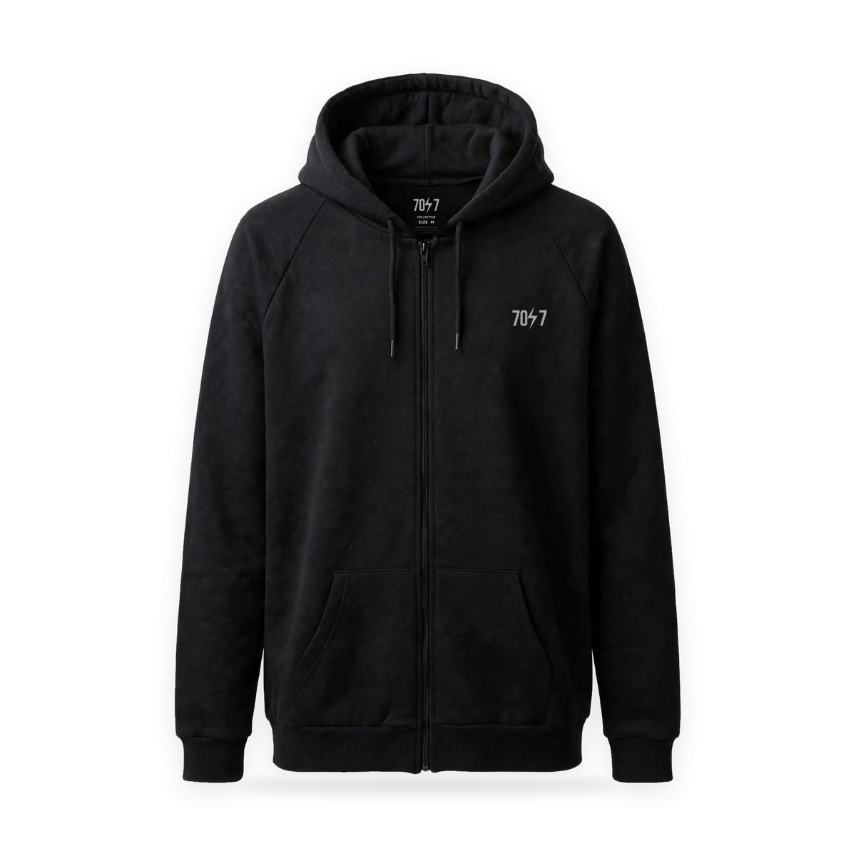 The Collective Black Hoodie — black front view, no hanger | 707 Official zip hoodie