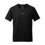 A black short-sleeve athletic t-shirt with a small white '70/7' logo printed on the left chest, displayed against a solid white background.